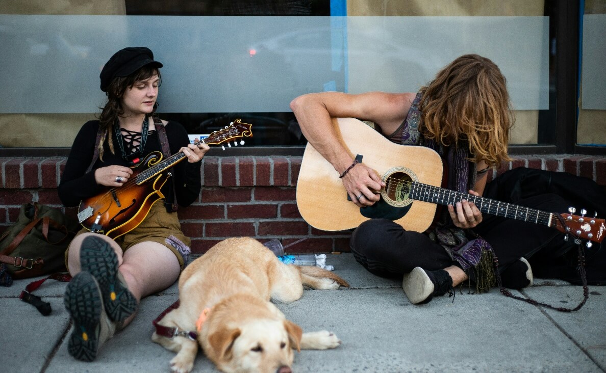 DO DOGS LIKE MUSIC - lab dog with street guitar players