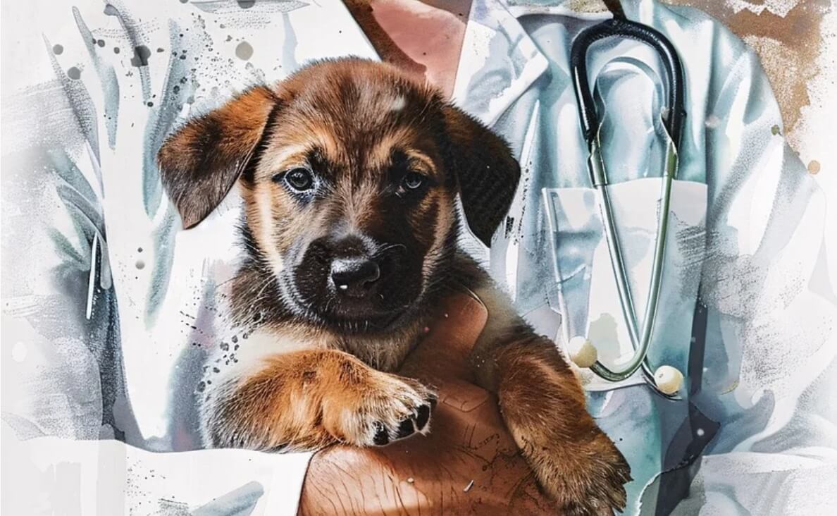 HYPERACTIVE PUPPY - German Shepherd puppy in vet's arms